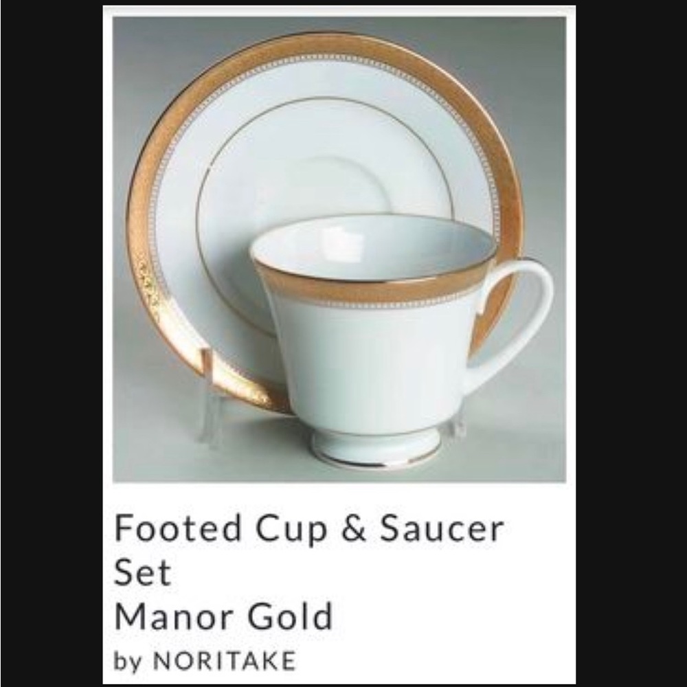 Noritake cups & saucer sets, $8/set. Matching creamer & sugar bowl set for $50